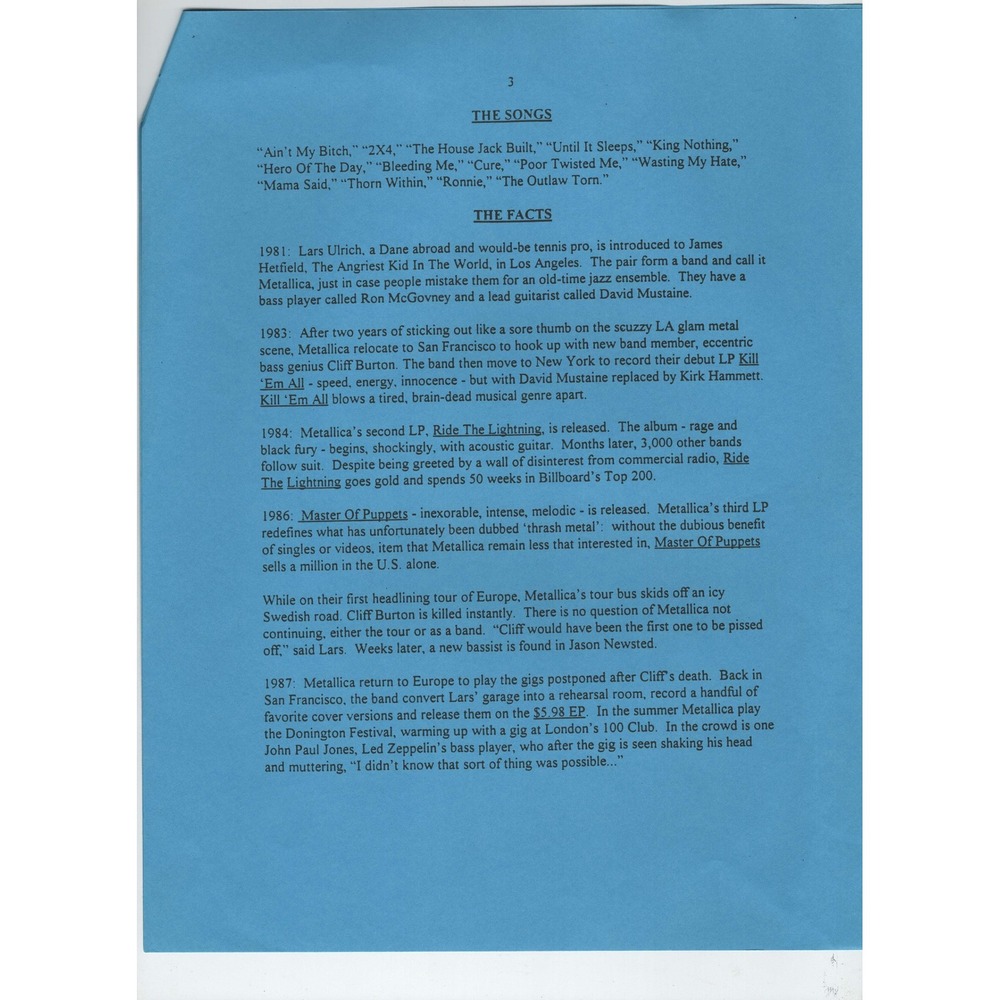 Vintage 1996 Metallica Load Press Release Bio Elektra Entertainment 4-Page Promo - Picture 3 of 4